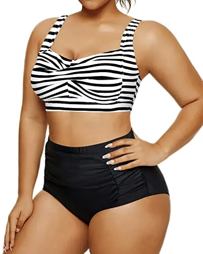 Open Back Retro Bikini Bathing Suit Twisted Front Bikini-Black And White Stripe