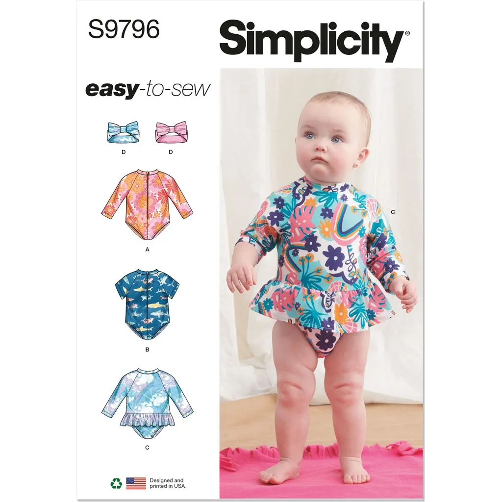 Simplicity Sewing Pattern S9796 Babies' Swimsuits with Rash Guard and Headband in One Size