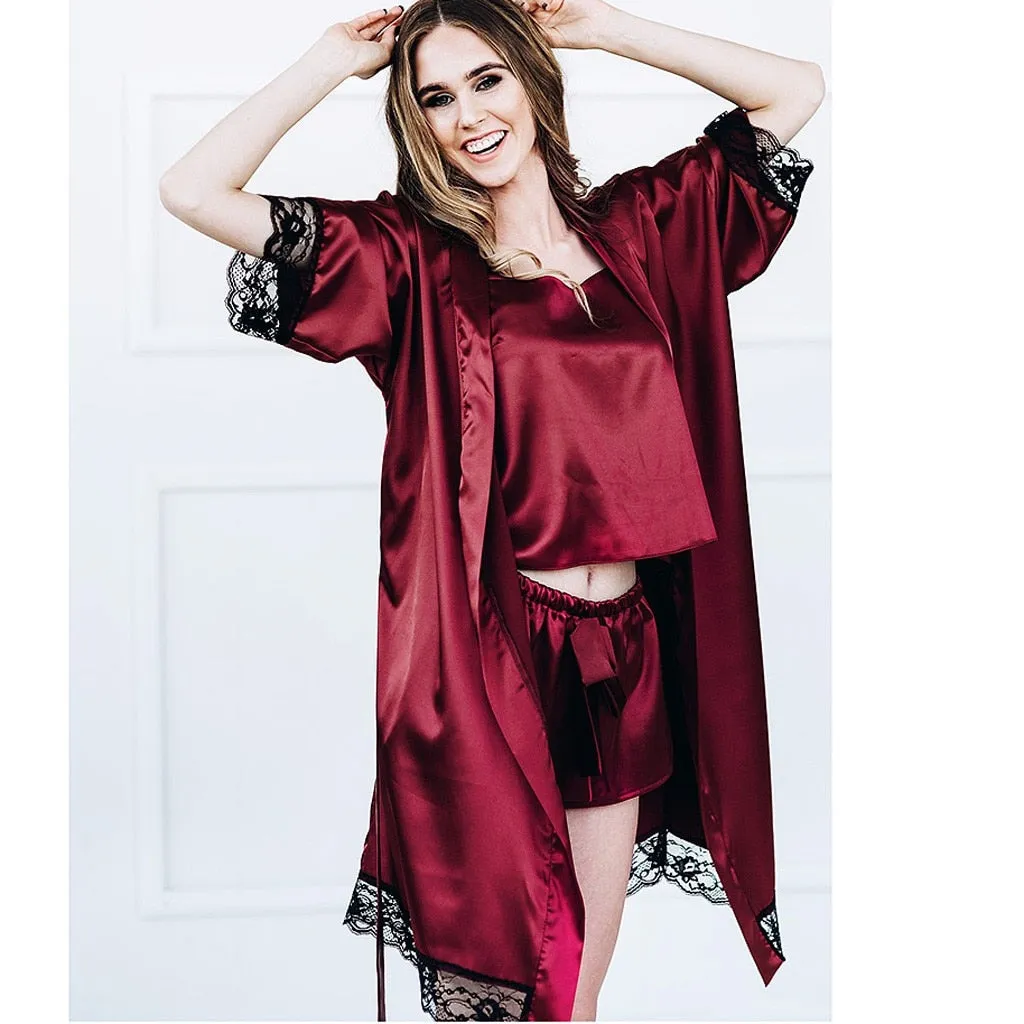 slip Satin Silk Sleepwear Women Lace Robe Pajamas