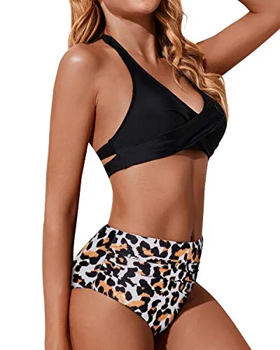 Vintage Push Up Bra High Waisted Swimsuit For Teen Girls-Black And Leopard