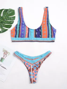 Vintage Vest Backless Printed Thong Bikinis Swimsuits