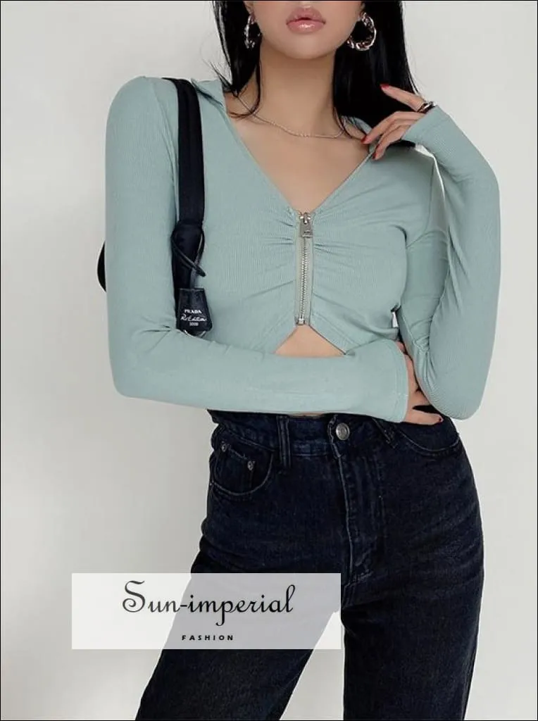 Women Mint Lapel Collar Ruched Plunge front Long Sleeve Cropped top with Zip front detail